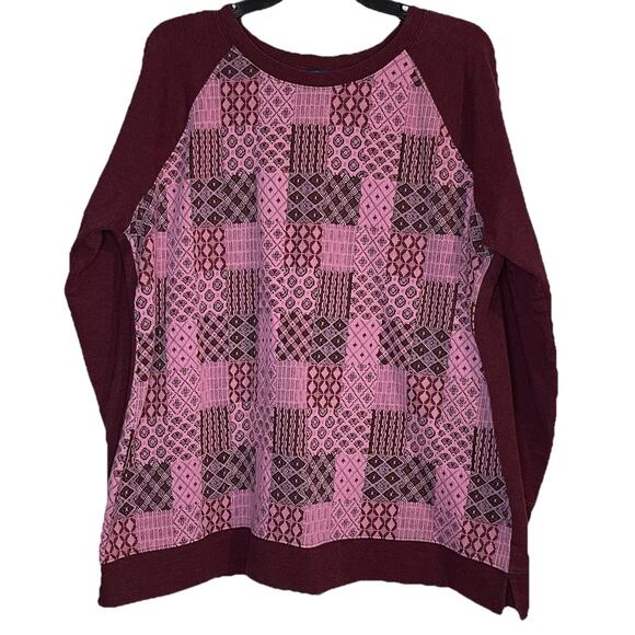 Isaac Mizrahi Live Patchwork Knit Top Burgundy Pink Geometric Print Women XL - Picture 1 of 8